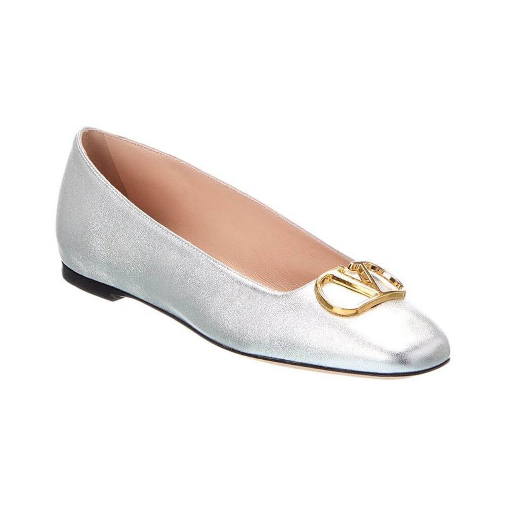 Valentino Vlogo Signature Leather Ballerina Flat, Silver